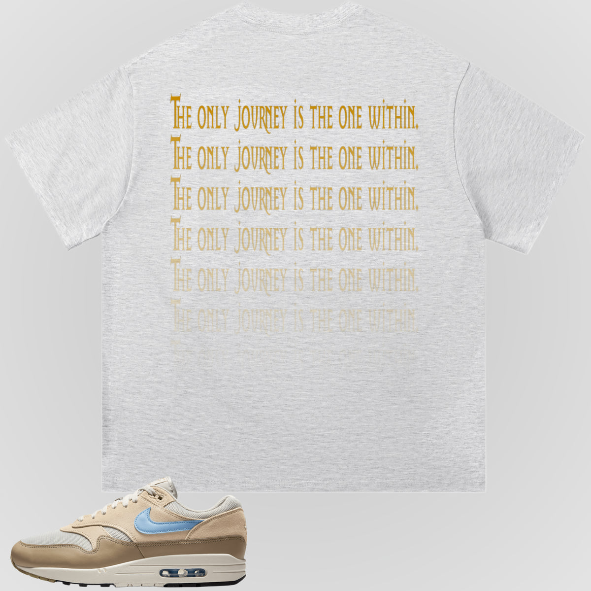 White-gray crewneck T-shirt with gold stacked text graphic on back