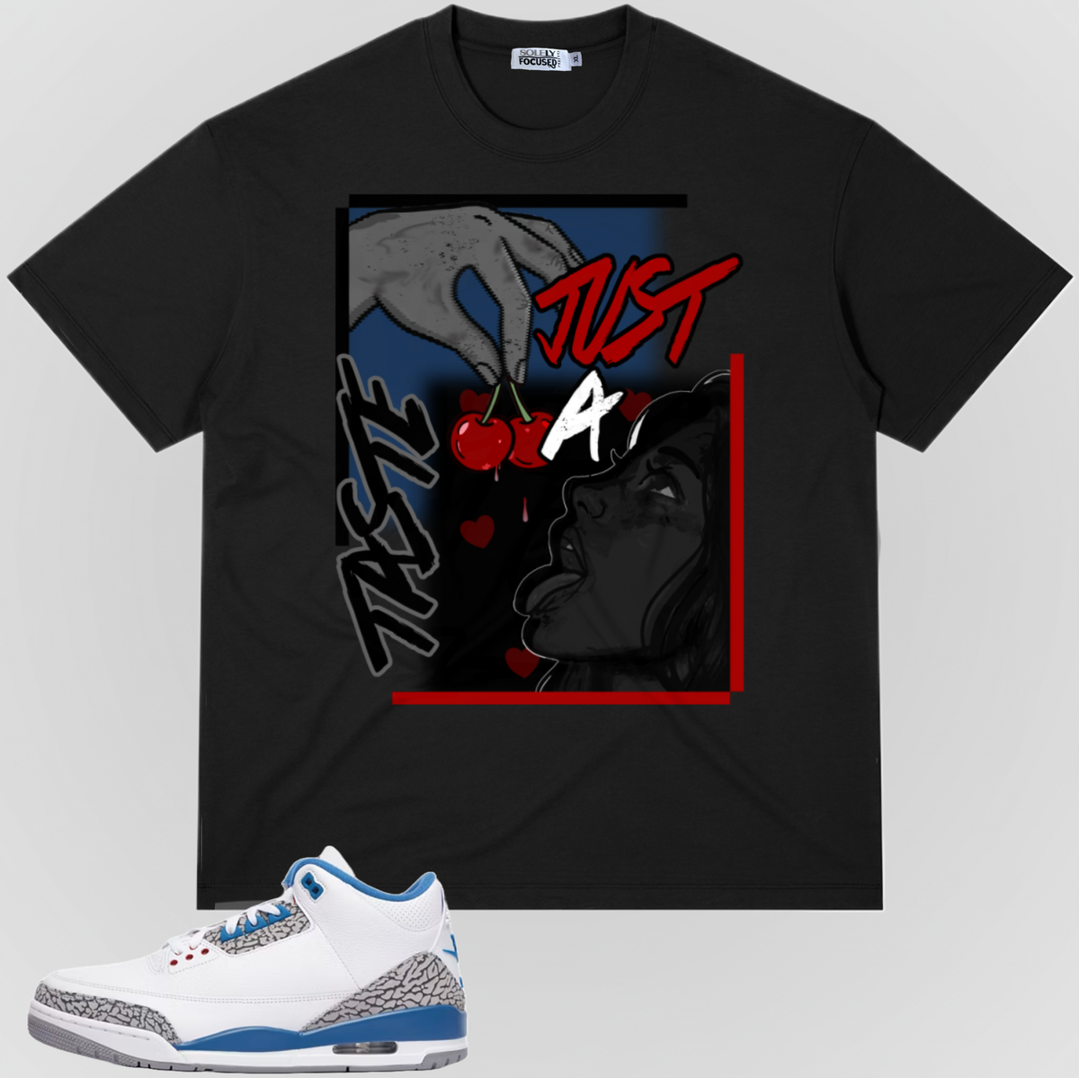 Black graphic T-shirt with red-and-gray comic-style artwork on the front