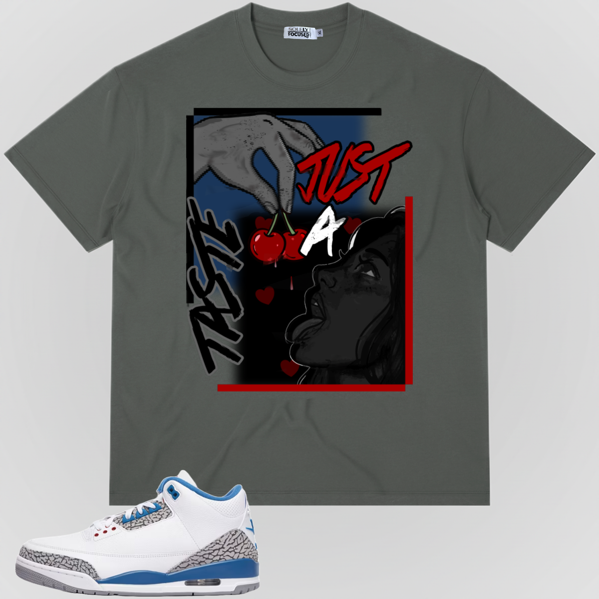 Dark gray graphic T-shirt with red-and-gray comic-style artwork on the front