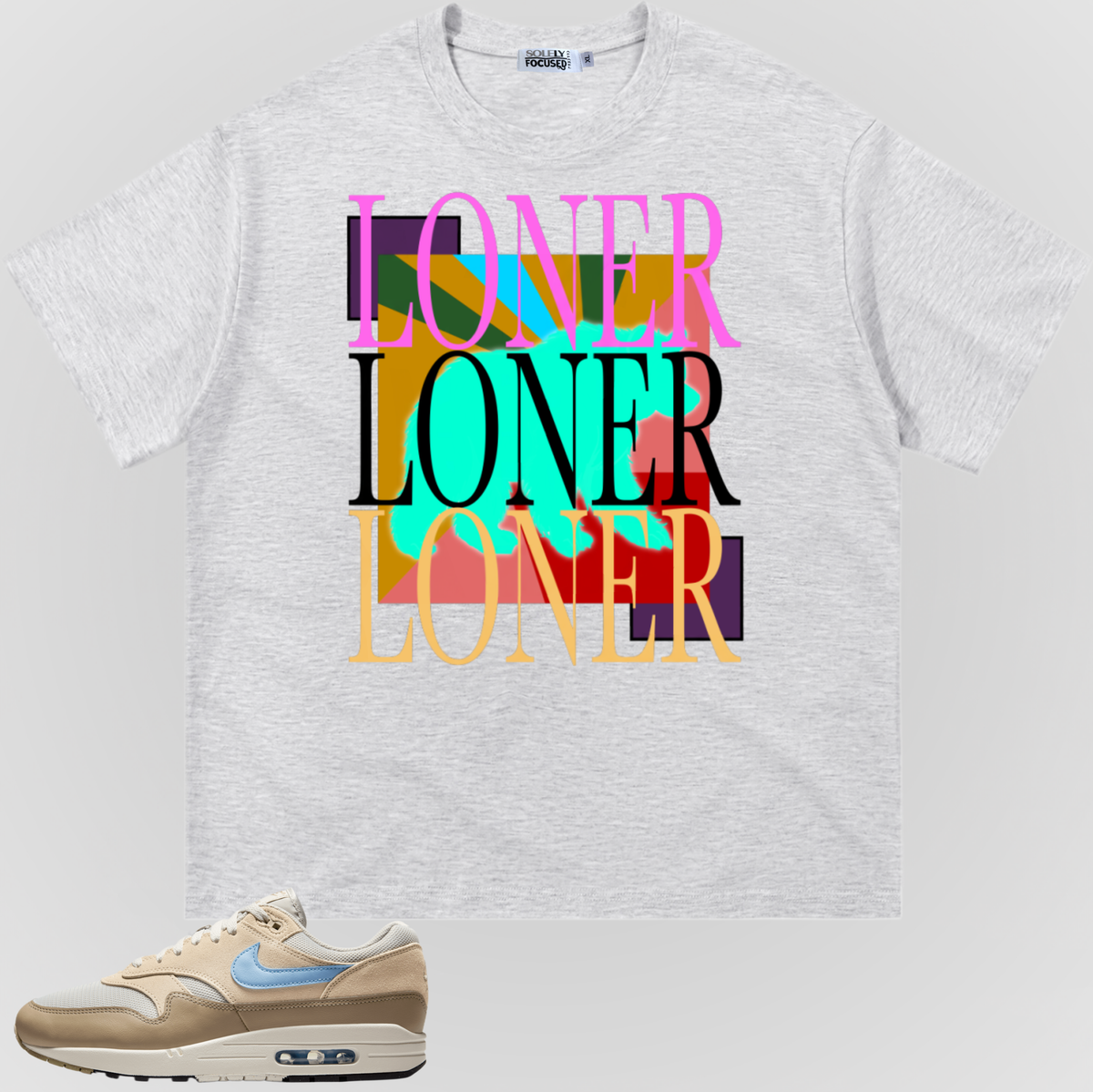 White-gray crewneck T-shirt with colorful stacked “LONER” graphic on front