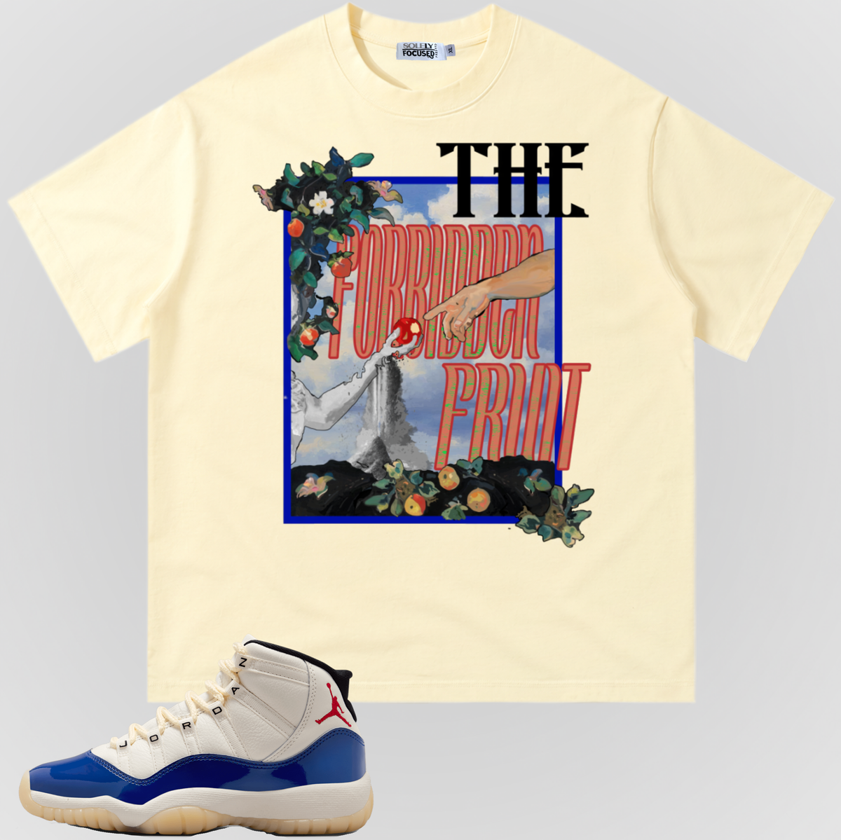 Apricot crewneck graphic T-shirt with large fruit illustration on front