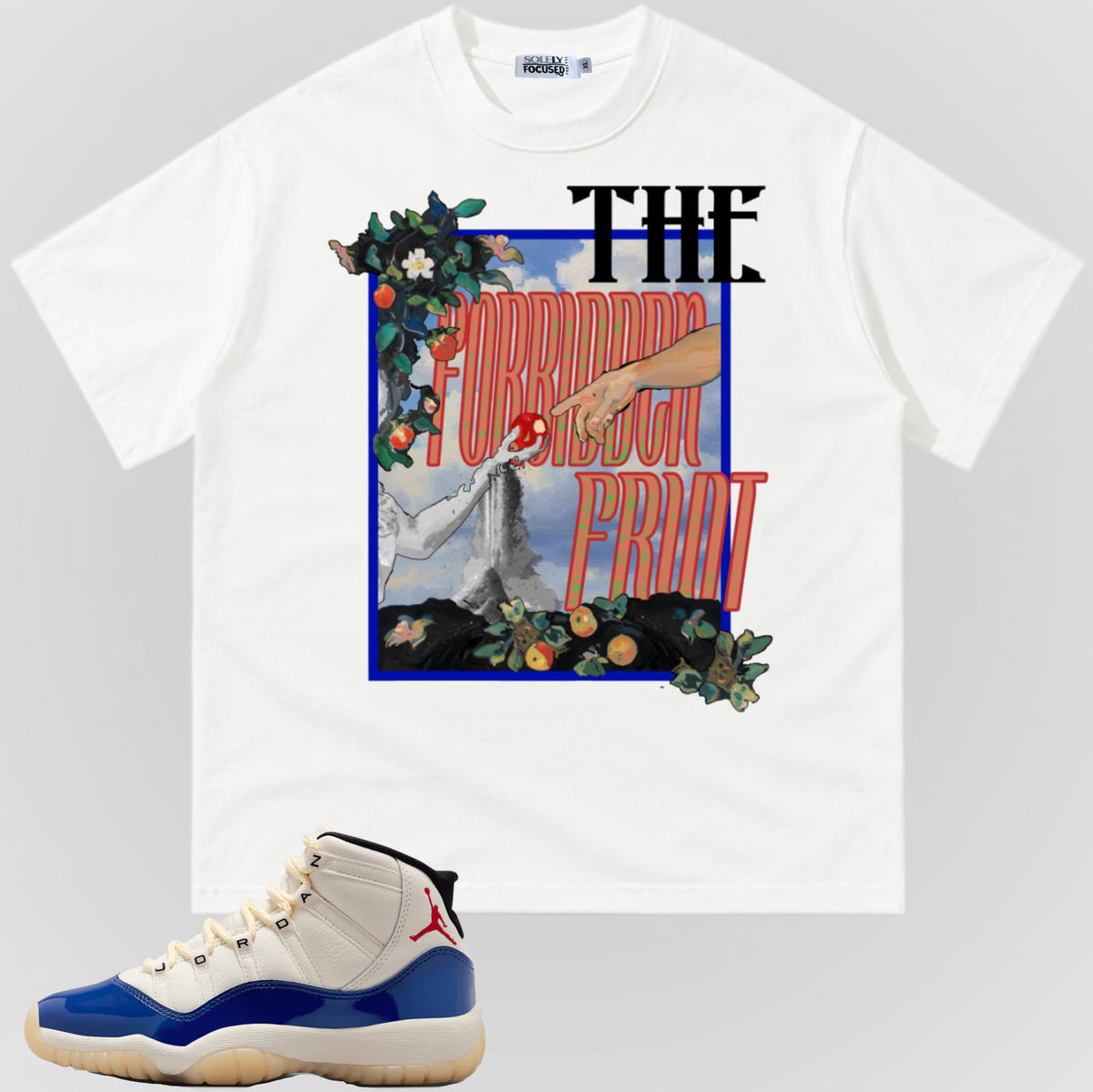 White crewneck graphic T-shirt with square forbidden fruit illustration on front