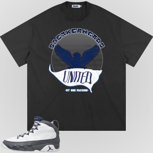 Dark gray crewneck T-shirt with large blue eagle and UNITED graphic front
