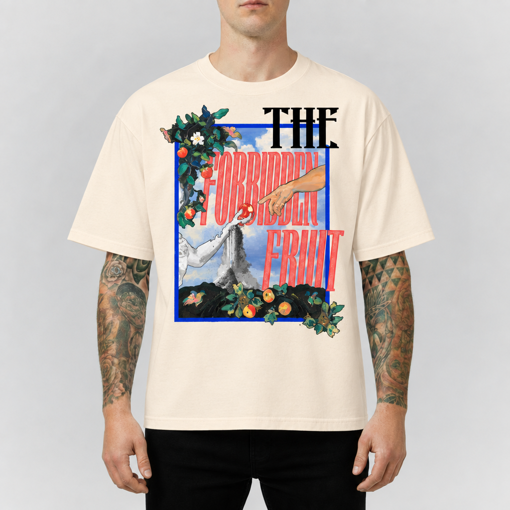 Men's apricot crewneck graphic T-shirt on model with large fruit artwork front
