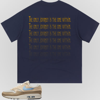 Navy crewneck T-shirt with gold stacked text graphic on back