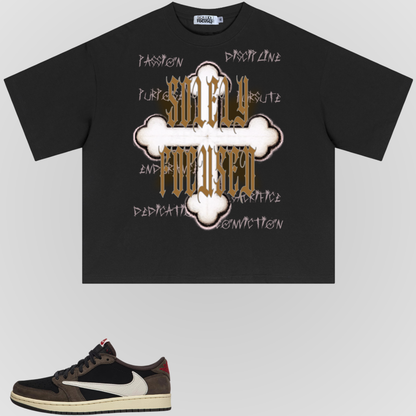 Black crewneck box T-shirt with skull-and-bones front graphic