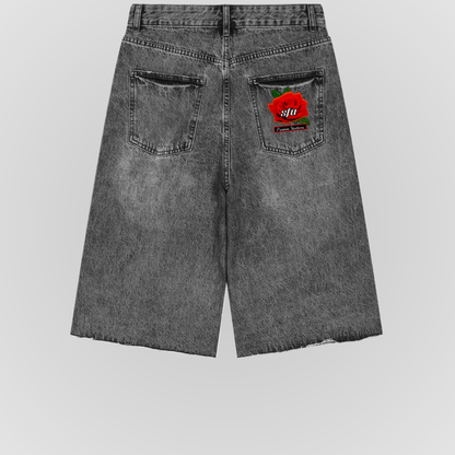 Vintage wide-leg denim shorts, dark wash, front patch logo on chest pocket
