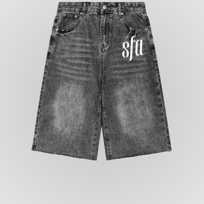 Vintage wide-leg denim shorts, dark wash, front logo print, classic belt loops