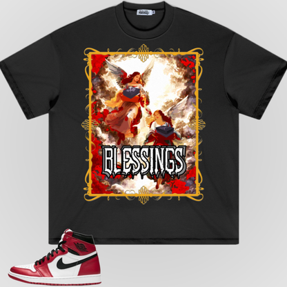 Black T-shirt with gold-bordered 'BLESSINGS' angel graphic on front.