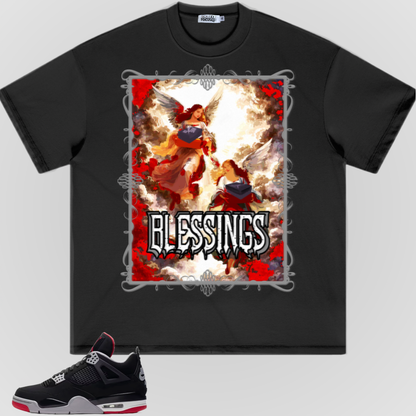 Black short-sleeve crewneck T-shirt with silver-bordered angel graphic and red frame