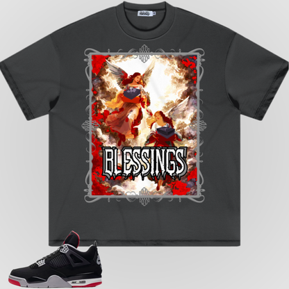 Black short-sleeve crewneck T-shirt with silver-bordered angel print and bold lettering