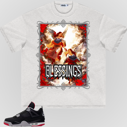 Light gray short-sleeve crewneck T-shirt with silver-bordered angel graphic and red border