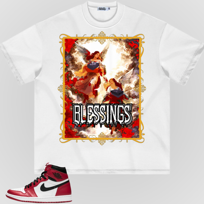 White T-shirt with gold-bordered 'BLESSINGS' angel graphic on front.