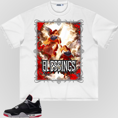 White short-sleeve crewneck T-shirt with centered silver-bordered angel artwork and red frame