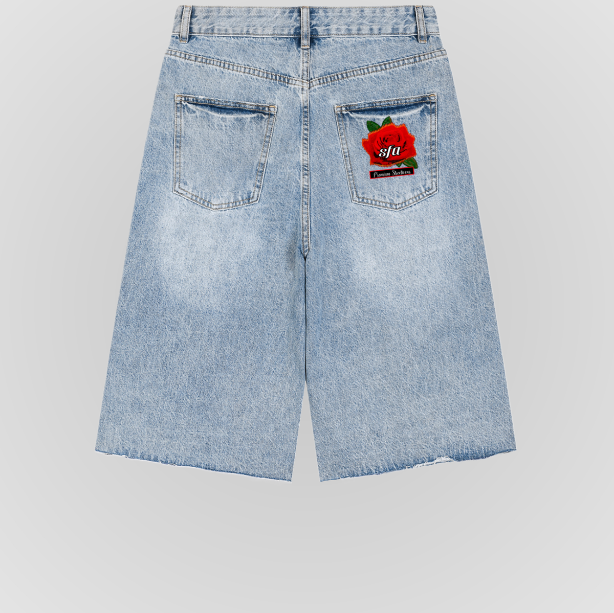 Vintage wide-leg denim shorts, light blue wash, chest-pocket patch logo