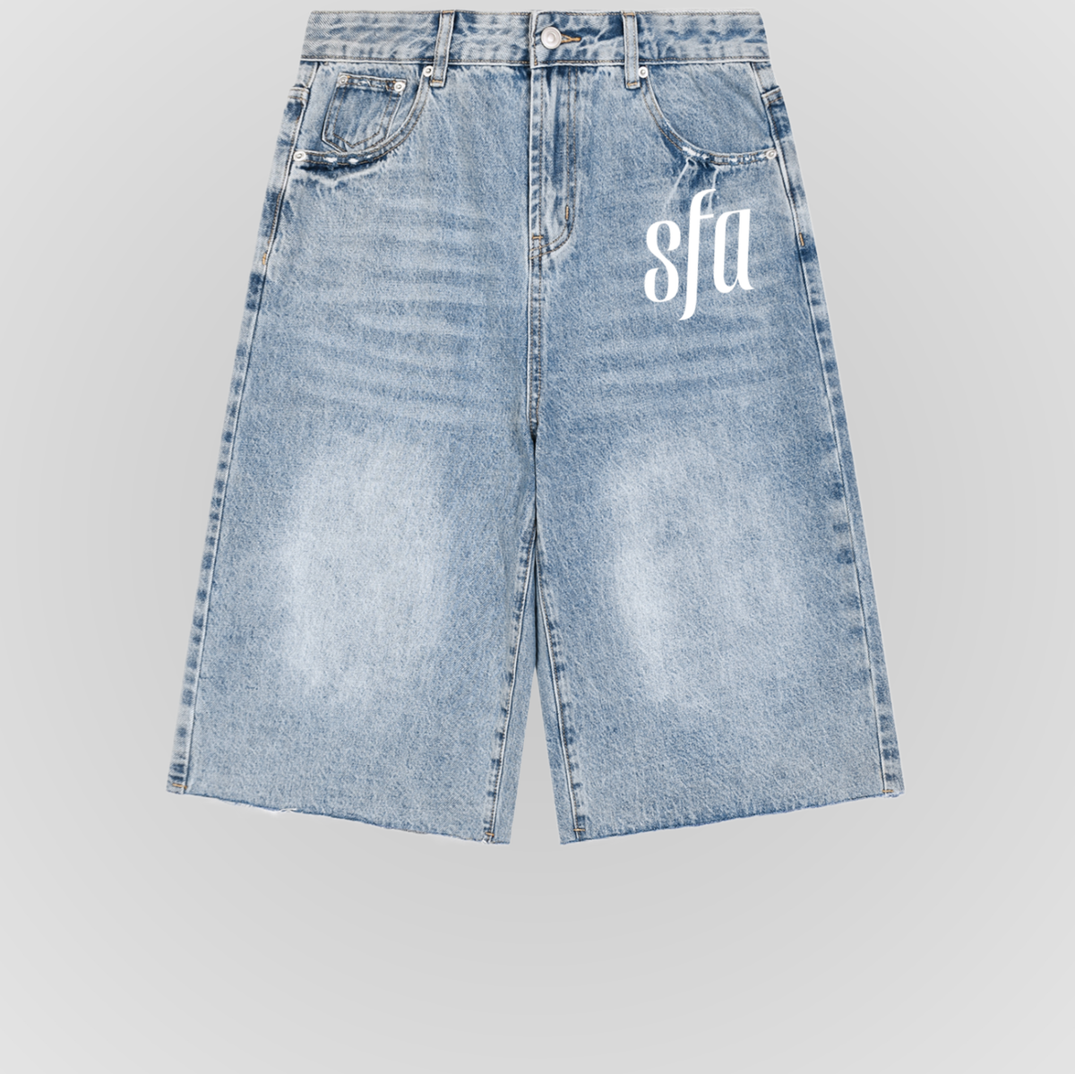 Vintage wide-leg denim shorts, light blue wash, front logo print, button fly