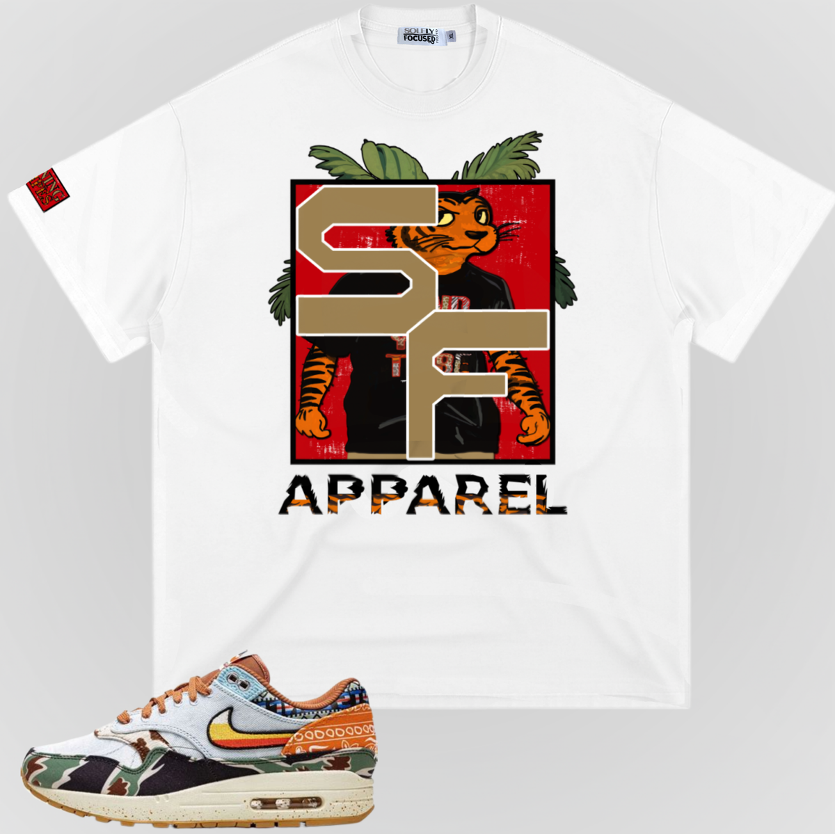 White Earning Stripes T-shirt with large front graphic and "APPAREL" text.