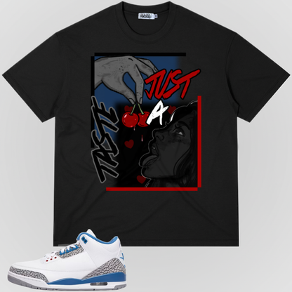 Black graphic T-shirt with red-and-gray comic-style artwork on the front