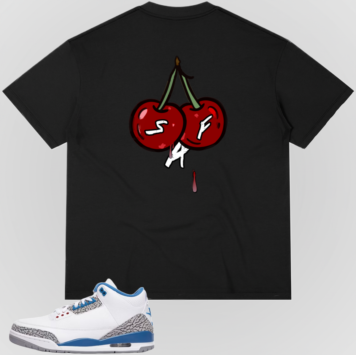 Black graphic T-shirt with cherry illustration on the back