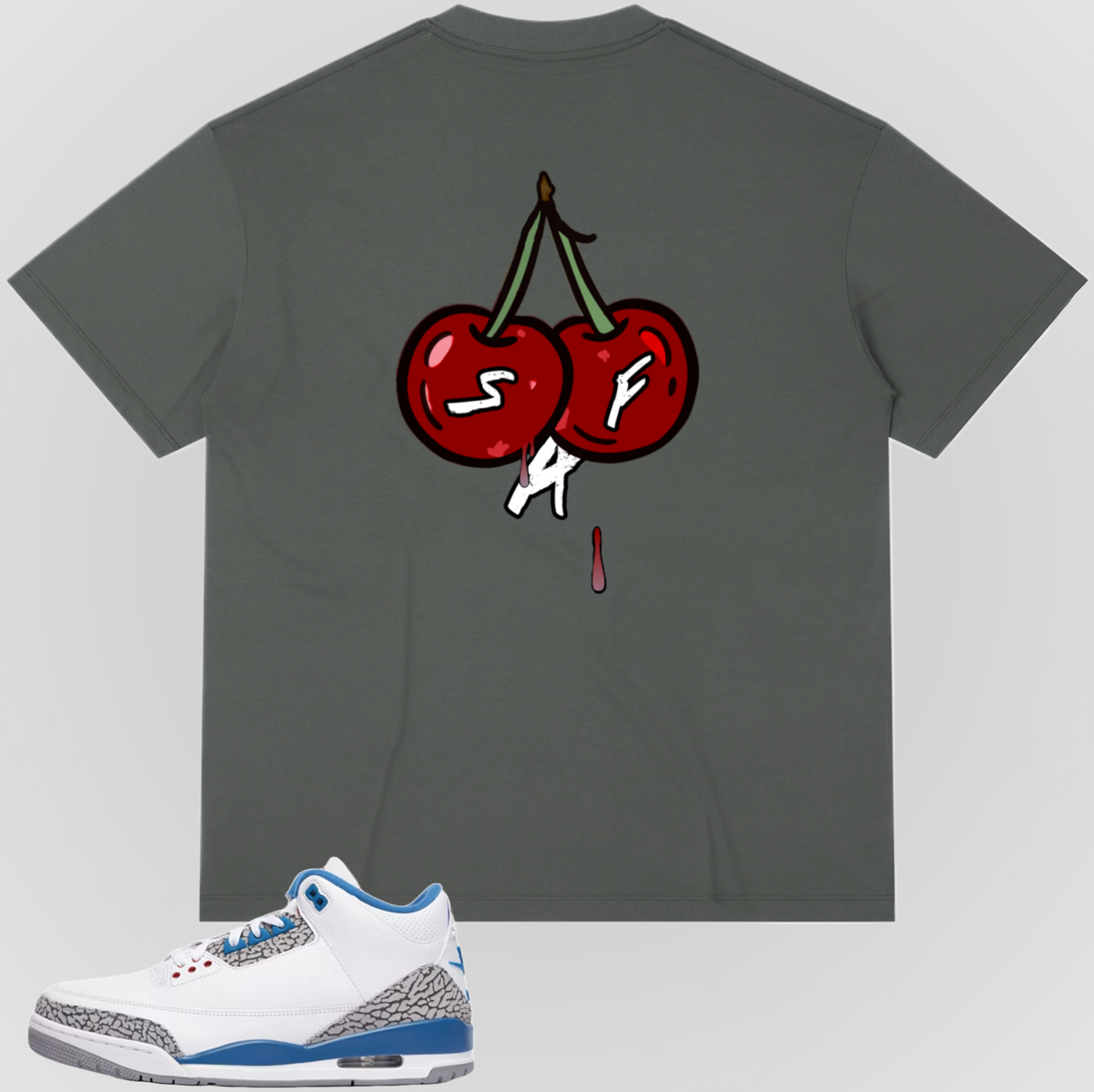 Dark gray graphic T-shirt with cherry illustration on the back