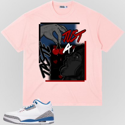 Pink graphic T-shirt with red-and-gray comic-style artwork on the front