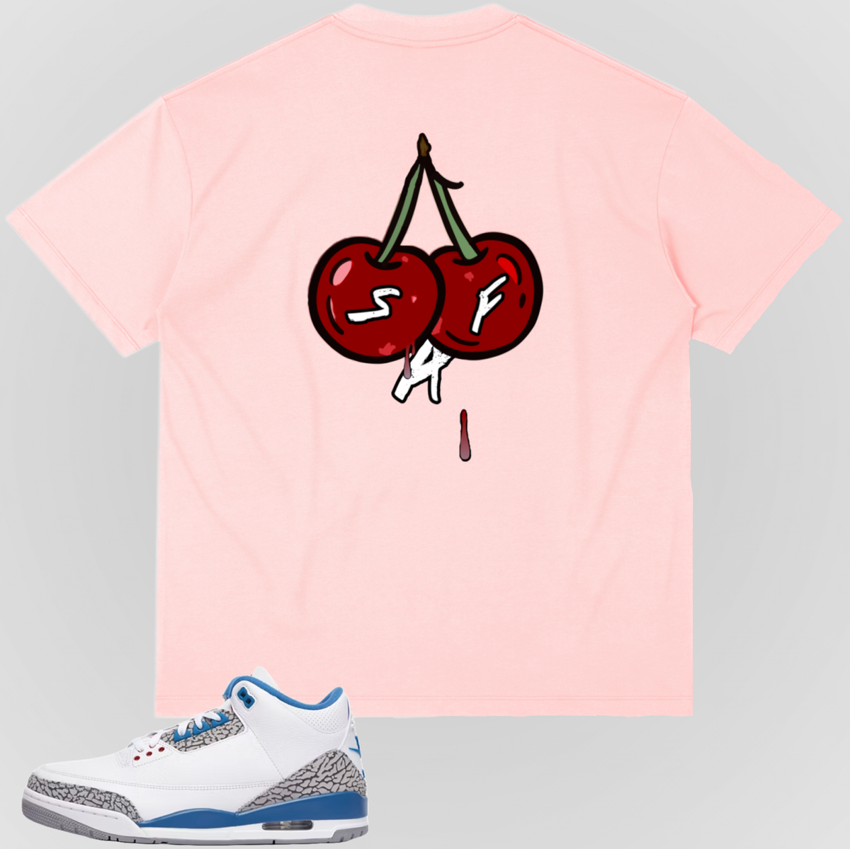Pink graphic T-shirt with cherry illustration on the back