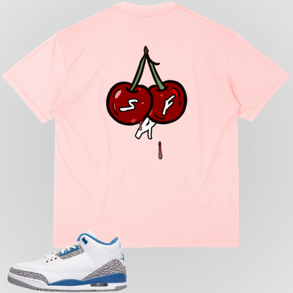 Pink graphic T-shirt with cherry illustration on the back