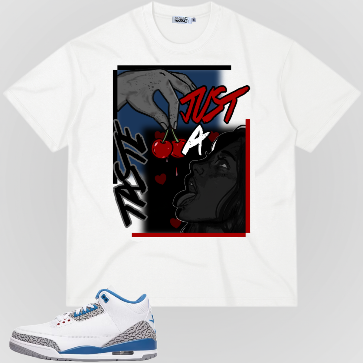 White graphic T-shirt with red-and-gray comic-style artwork on the front