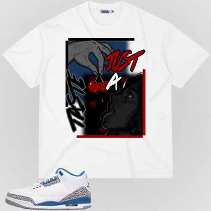 White graphic T-shirt with red-and-gray comic-style artwork on the front