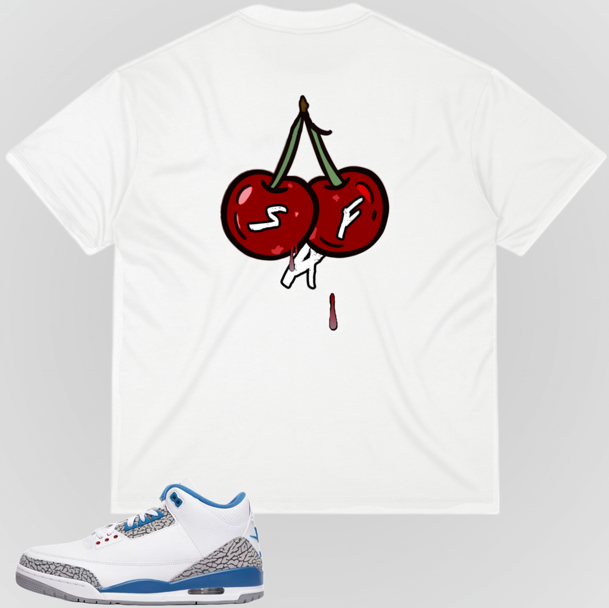 White graphic T-shirt with cherry illustration on the back