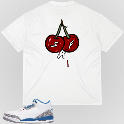 White graphic T-shirt with cherry illustration on the back