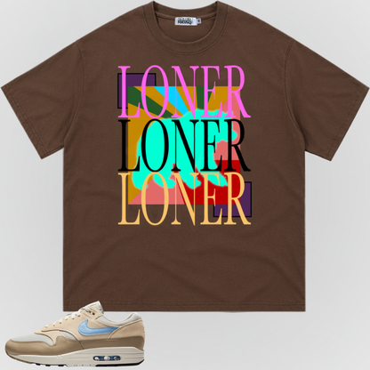 Coffee-brown crewneck T-shirt with colorful stacked “LONER” graphic on front