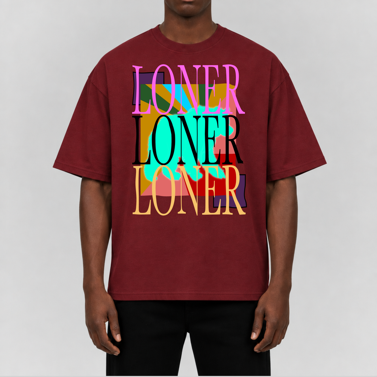 Wine red graphic T-shirt with multicolor “LONER” print, short sleeves