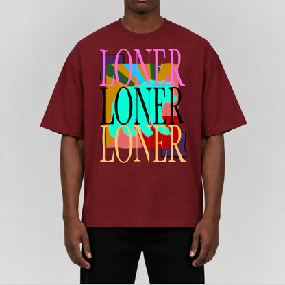 Wine red graphic T-shirt with multicolor “LONER” print, short sleeves