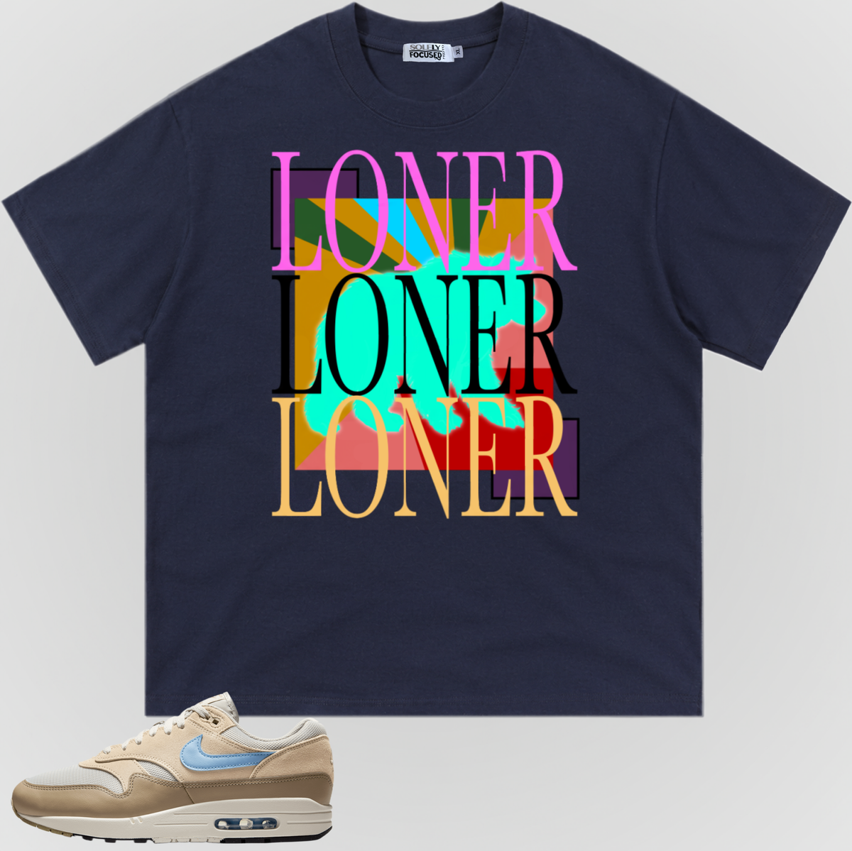 Navy crewneck T-shirt with colorful stacked “LONER” graphic on front