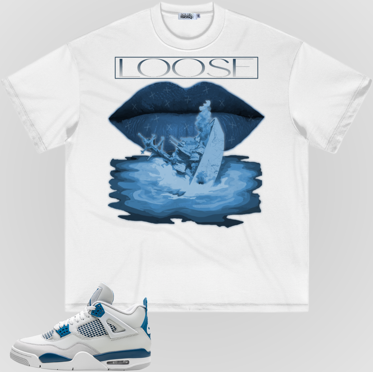 White crewneck T-shirt with 'LOOSE' logo and blue water graphic on front.