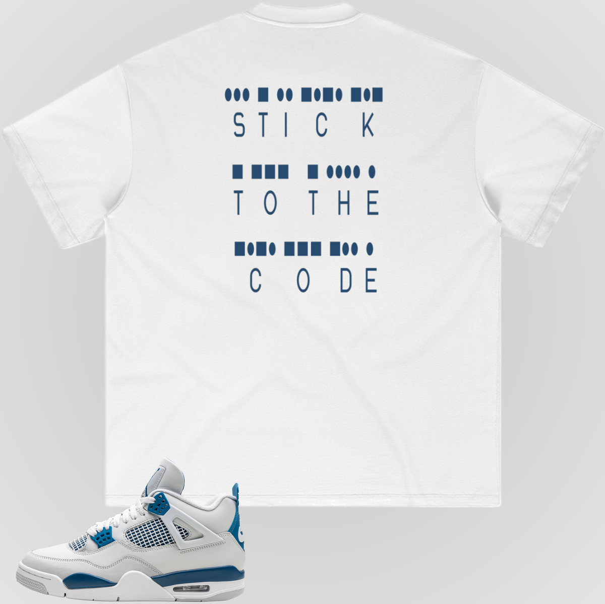 White crewneck T-shirt, back graphic text in blue.
