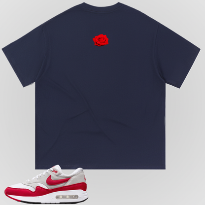 SO FRESH t-shirt in navy with small red rose graphic on the back