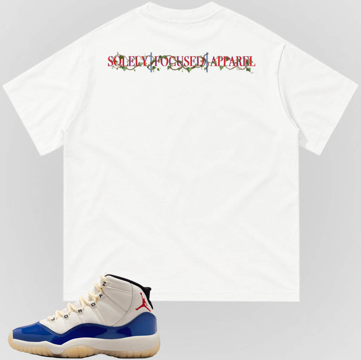 White crewneck T-shirt with centered back logo text near upper back