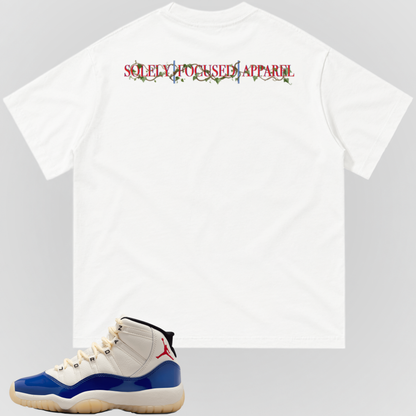 White crewneck T-shirt with centered back logo text near upper back