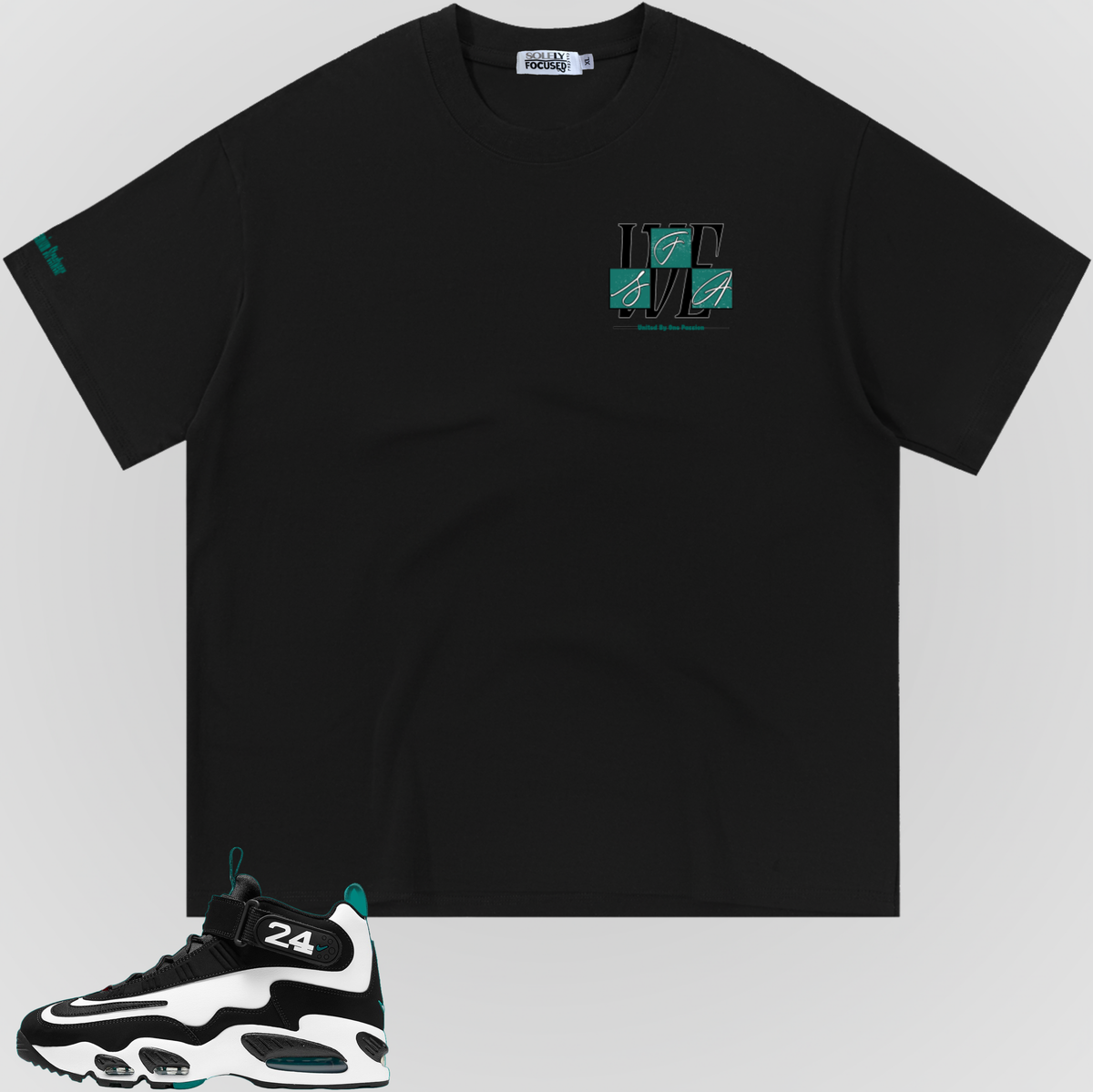 Black T-shirt with small front logo on left chest