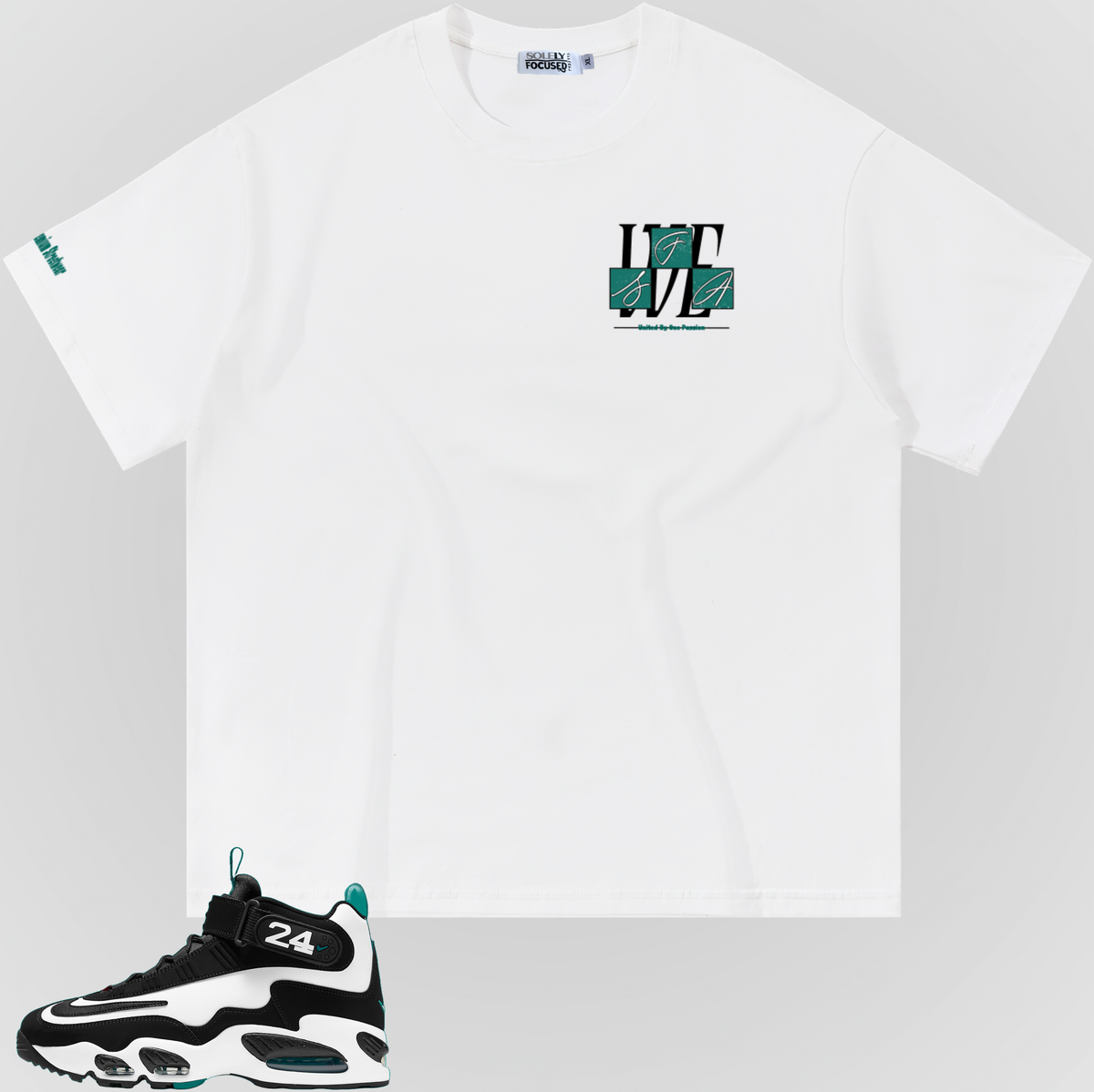 White T-shirt front with small left-chest logo
