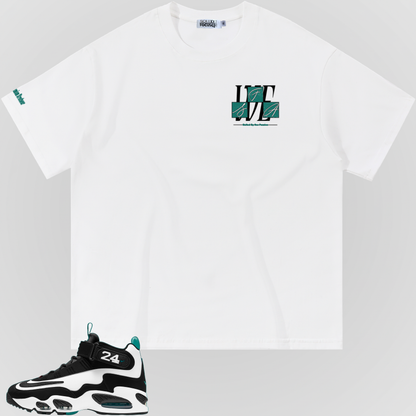 White T-shirt front with small left-chest logo