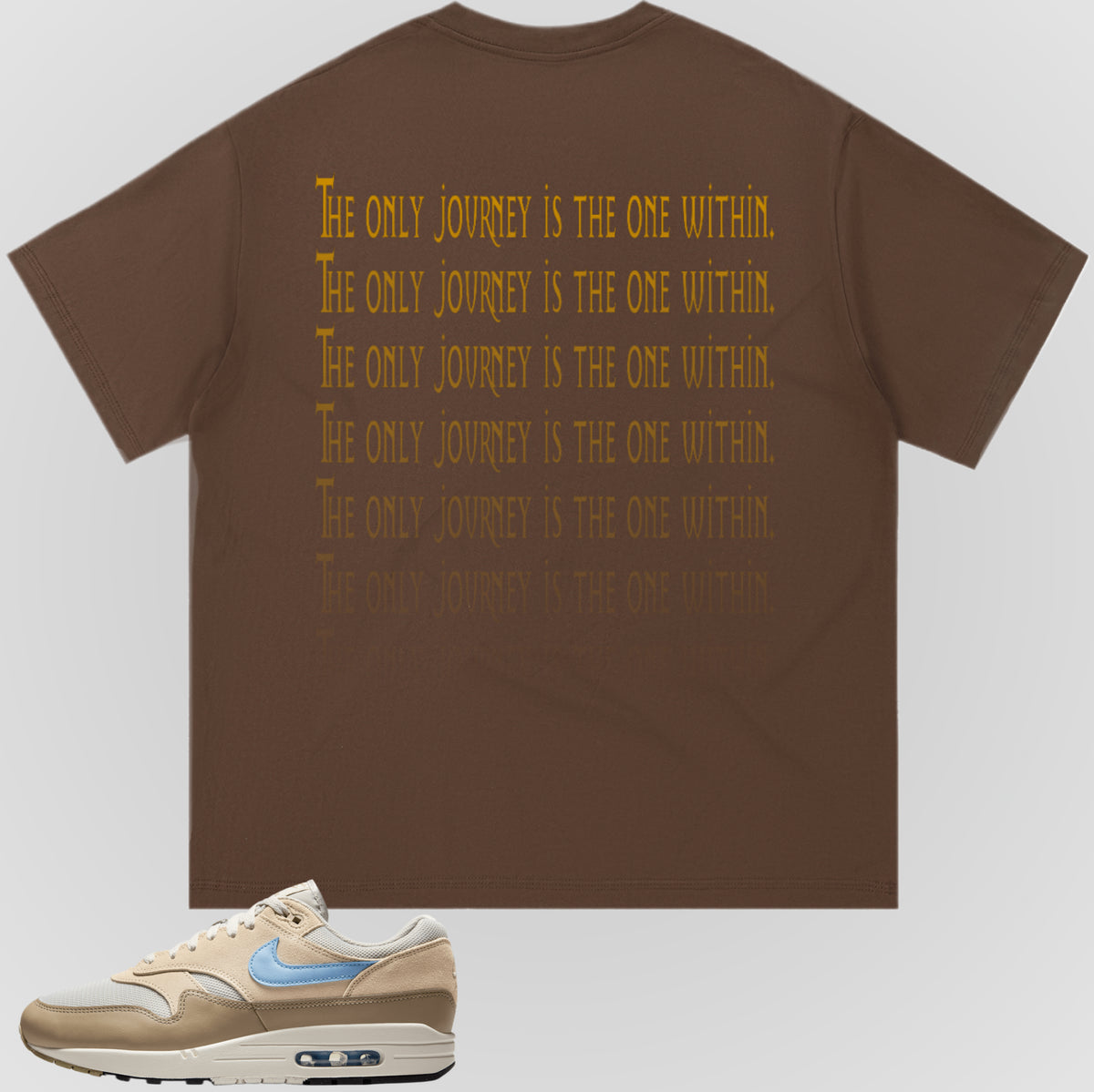 Coffee-brown crewneck T-shirt with gold stacked text graphic on back