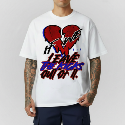 White graphic tee with red and blue front print