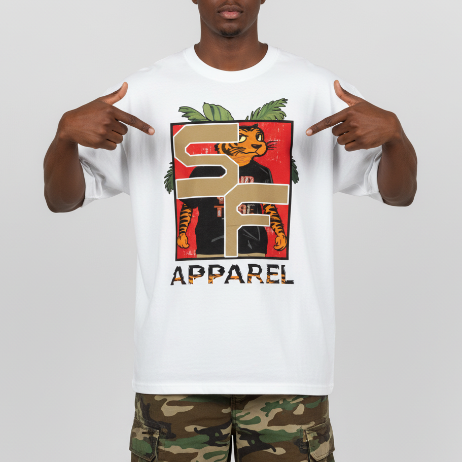White Earning Stripes T-shirt on model with front graphic, crew neck, and short sleeves.