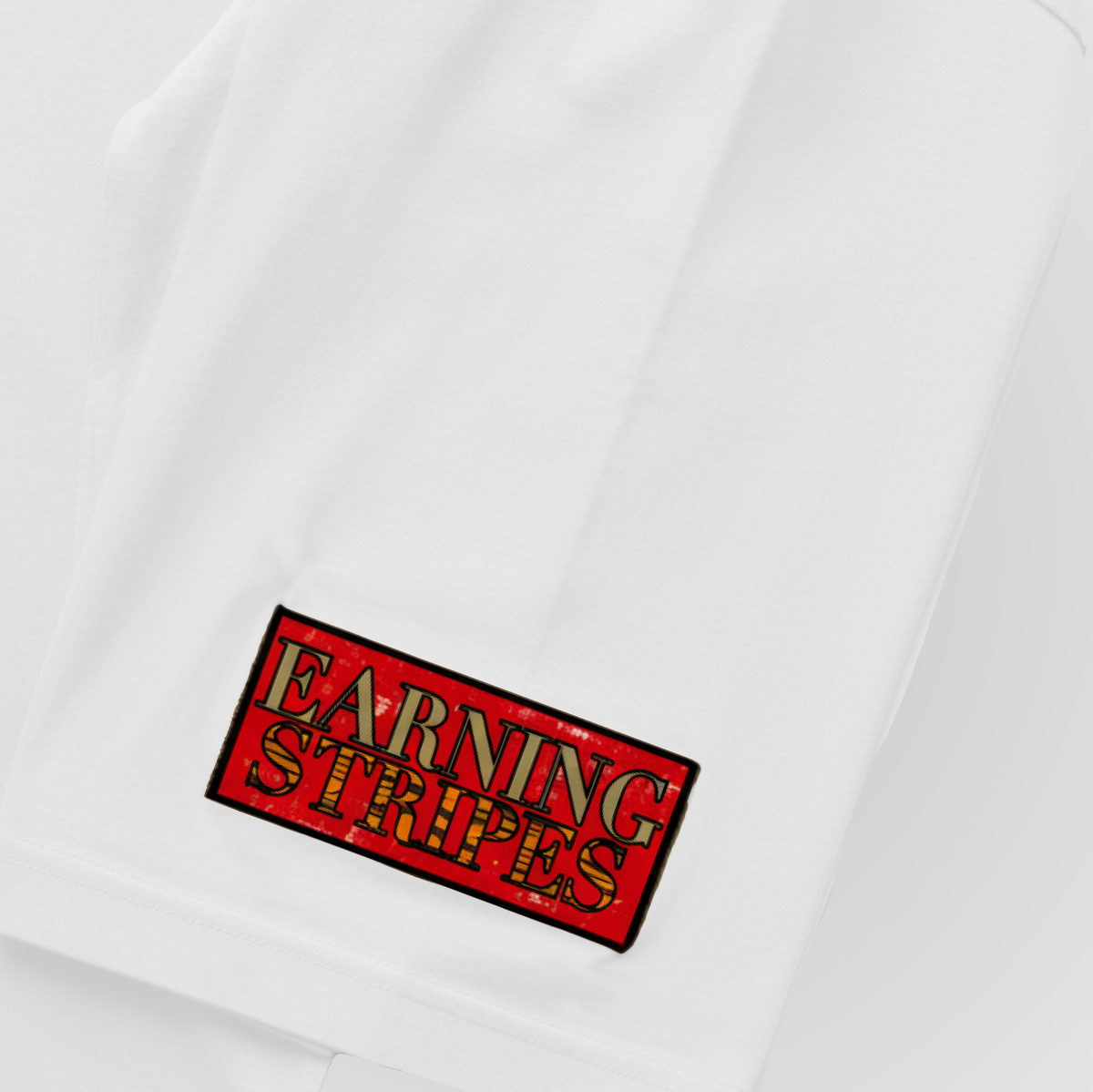 White Earning Stripes T-shirt sleeve label with red "EARNING STRIPES" text.