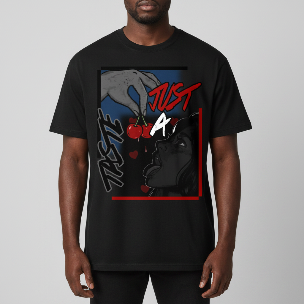 Black crewneck short-sleeve T-shirt with large graphic face and cherries front
