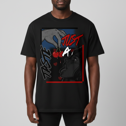 Black crewneck short-sleeve T-shirt with large graphic face and cherries front