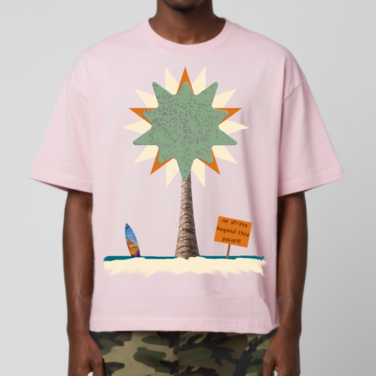 Pink cropped T-shirt with large palm tree graphic and slogan print